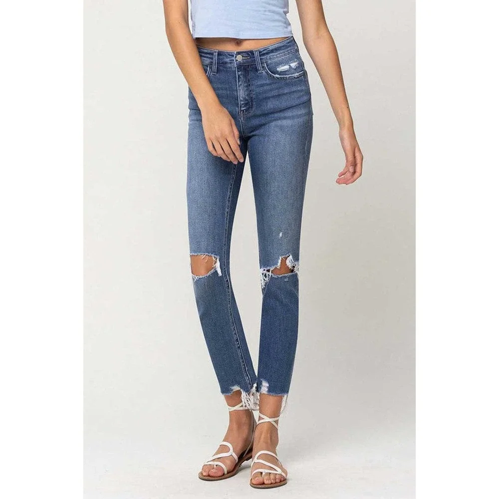 Flying Monkey Holly High Rise Distressed Hem Ankle Slim Straight Jeans - Picture 3 of 9